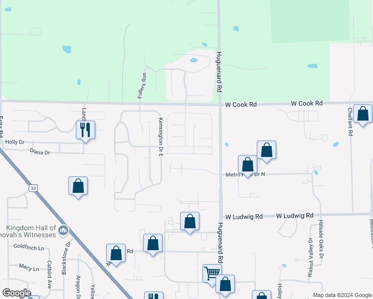 map of restaurants, bars, coffee shops, grocery stores, and more near 4023 Haslemere Way in Fort Wayne