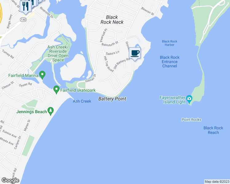 map of restaurants, bars, coffee shops, grocery stores, and more near 155 Battery Park Drive in Bridgeport