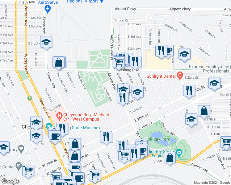 map of restaurants, bars, coffee shops, grocery stores, and more near 2318 Morrie Avenue in Cheyenne