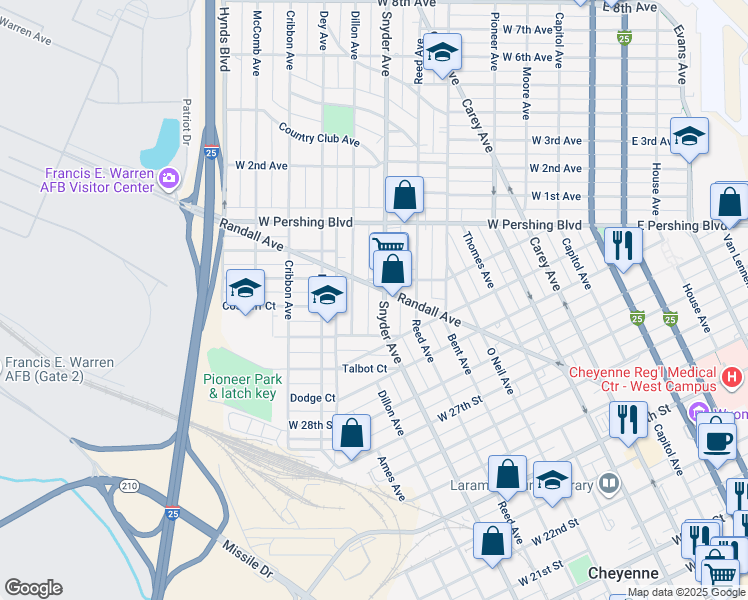 map of restaurants, bars, coffee shops, grocery stores, and more near 3050 Snyder Avenue in Cheyenne