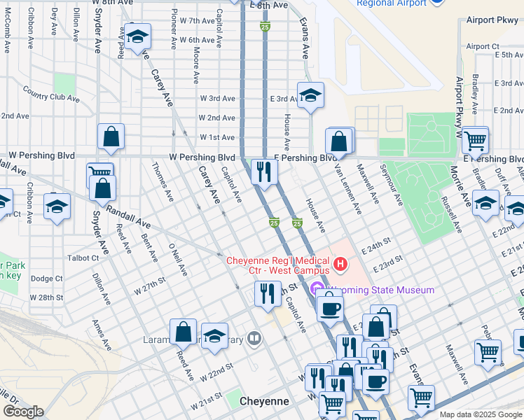 map of restaurants, bars, coffee shops, grocery stores, and more near 2722 Central Avenue in Cheyenne