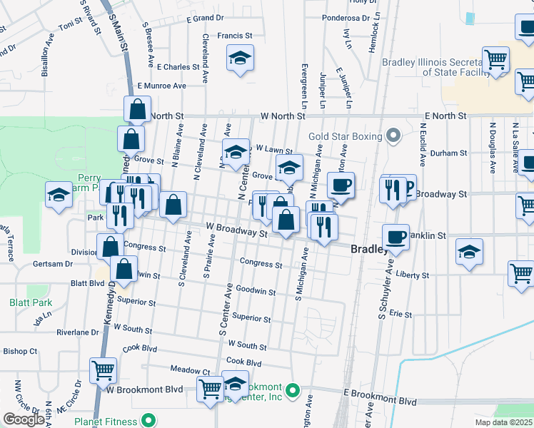 map of restaurants, bars, coffee shops, grocery stores, and more near 174 North Grand Avenue in Bradley
