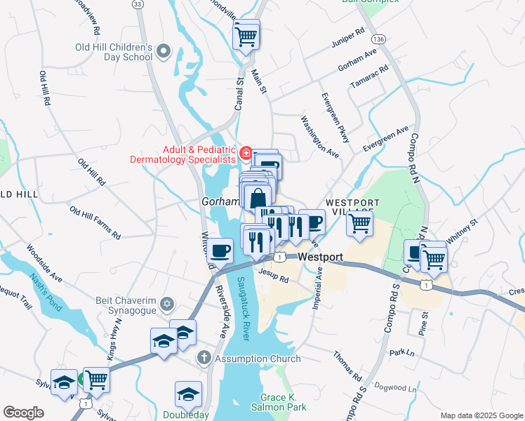 map of restaurants, bars, coffee shops, grocery stores, and more near 155 Main Street in Westport
