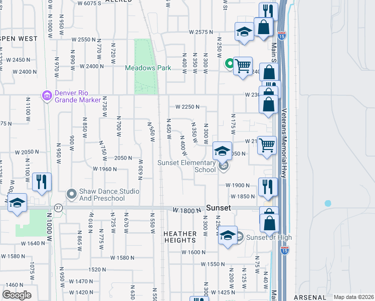 map of restaurants, bars, coffee shops, grocery stores, and more near 2036 North 400 West in Sunset