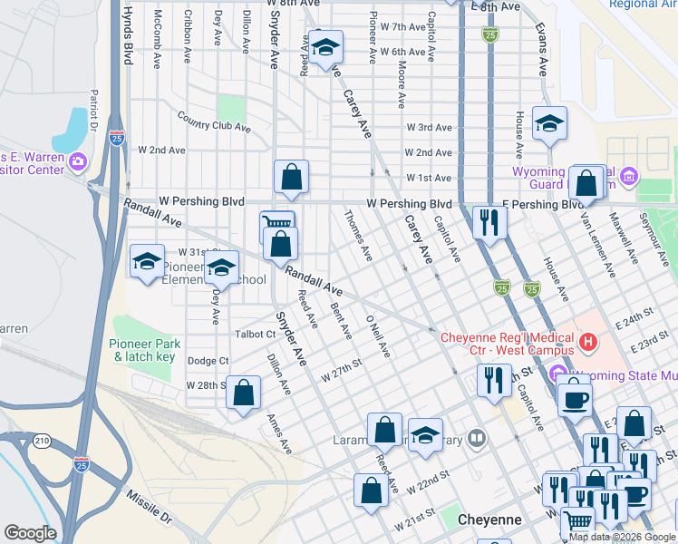 map of restaurants, bars, coffee shops, grocery stores, and more near 702 Randall Avenue in Cheyenne