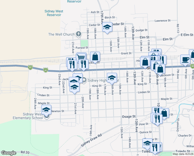map of restaurants, bars, coffee shops, grocery stores, and more near 1801 Jackson Street in Sidney