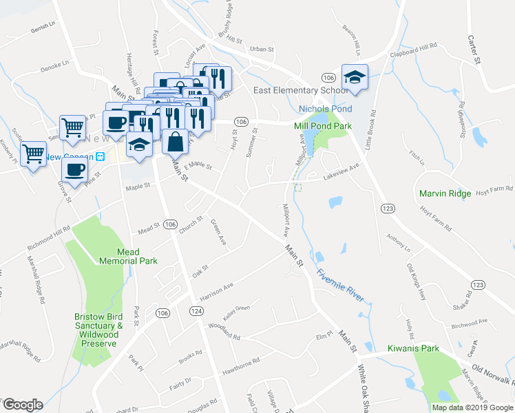 map of restaurants, bars, coffee shops, grocery stores, and more near 290 Main Street in New Canaan