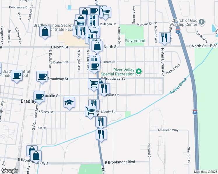 map of restaurants, bars, coffee shops, grocery stores, and more near 154 South Quincy Avenue in Bradley