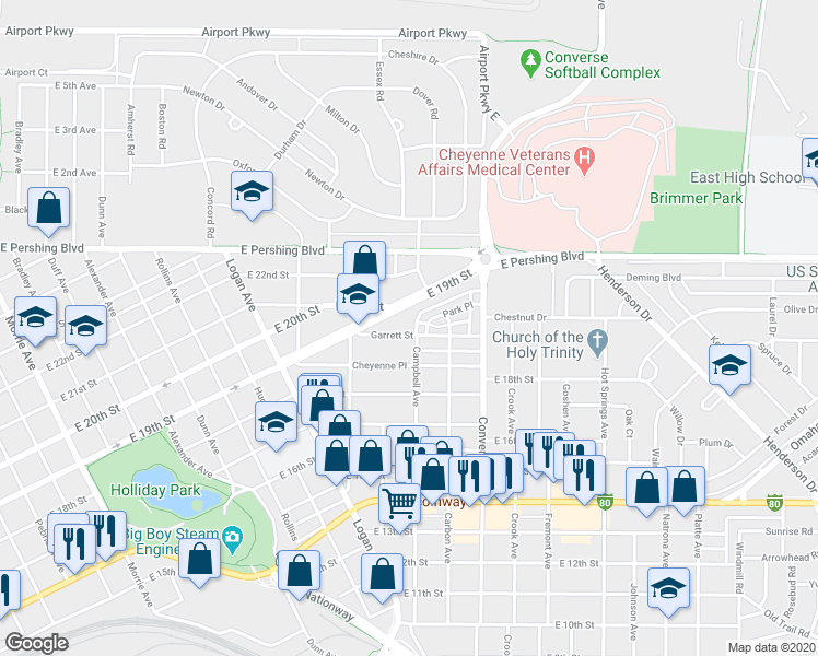map of restaurants, bars, coffee shops, grocery stores, and more near 1954 Garrett Street in Cheyenne