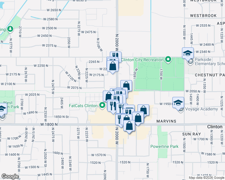 map of restaurants, bars, coffee shops, grocery stores, and more near 2061 North 2000 West in Clinton