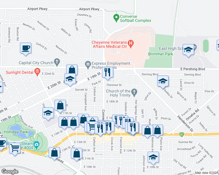 map of restaurants, bars, coffee shops, grocery stores, and more near 1847 Crook Avenue in Cheyenne