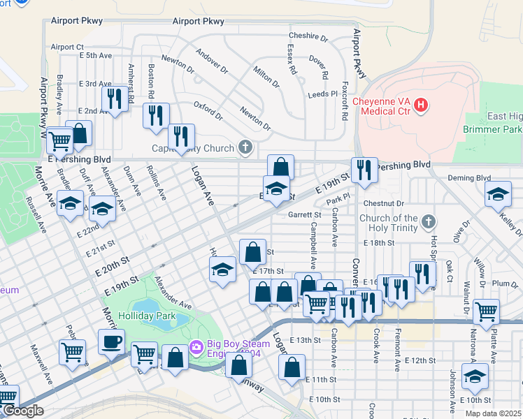 map of restaurants, bars, coffee shops, grocery stores, and more near 1814 East 19th Street in Cheyenne