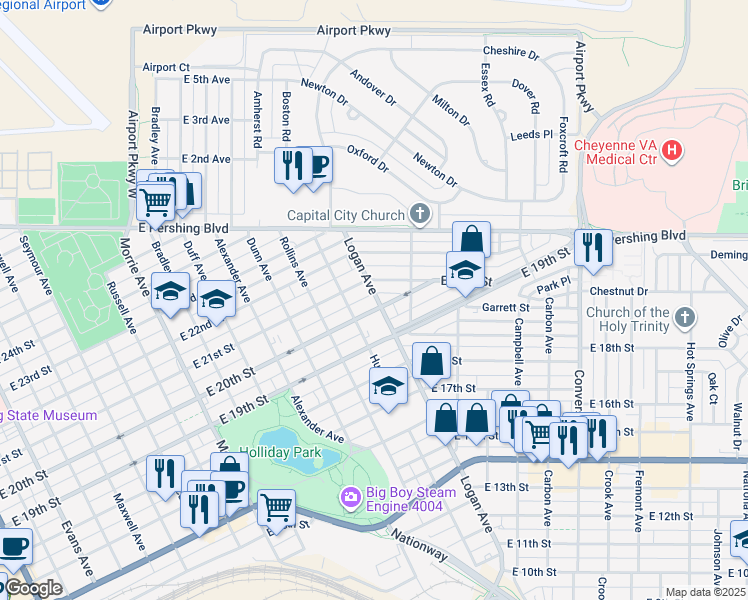 map of restaurants, bars, coffee shops, grocery stores, and more near 2004 Logan Avenue in Cheyenne