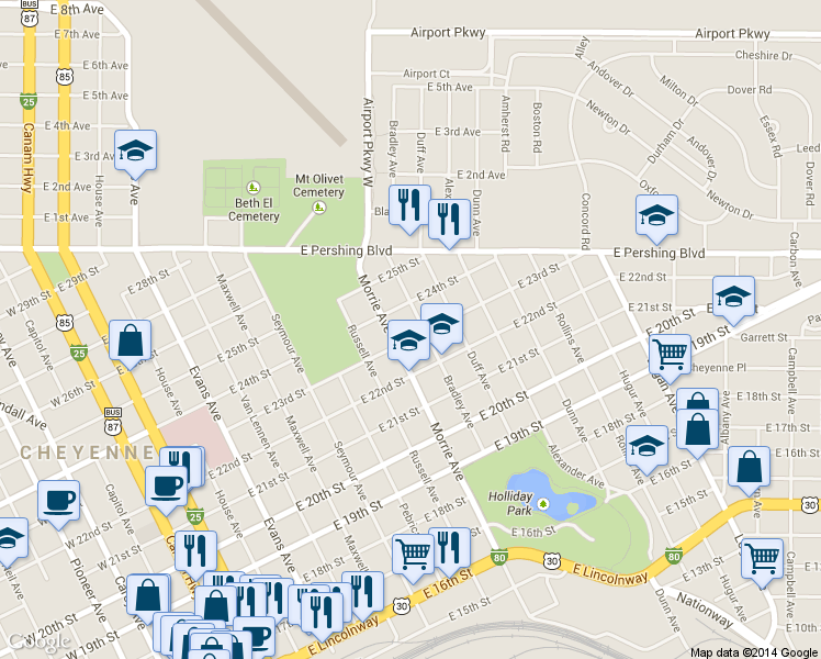 map of restaurants, bars, coffee shops, grocery stores, and more near 1008 East 23rd Street in Cheyenne