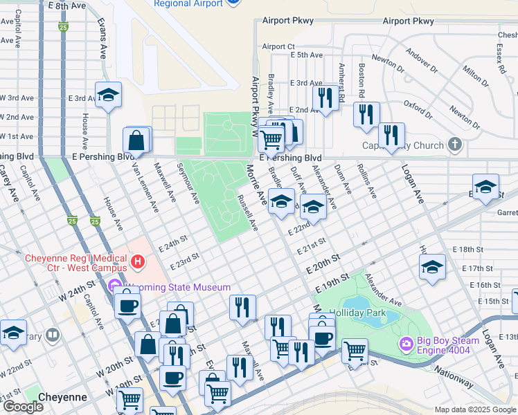 map of restaurants, bars, coffee shops, grocery stores, and more near 903 East 24th Street in Cheyenne