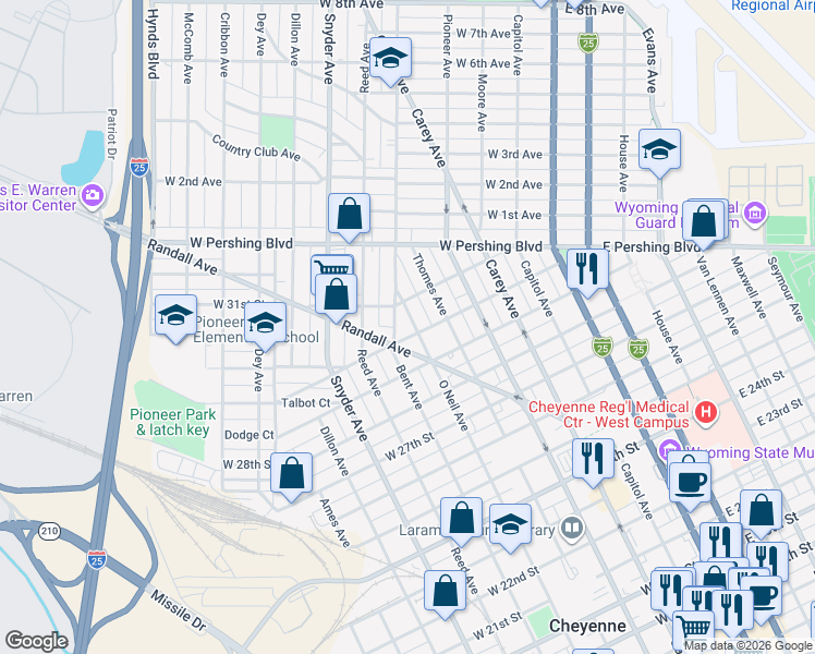 map of restaurants, bars, coffee shops, grocery stores, and more near 702 Randall Avenue in Cheyenne