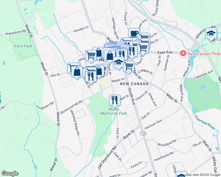 map of restaurants, bars, coffee shops, grocery stores, and more near 22 Richmond Hill Road in New Canaan