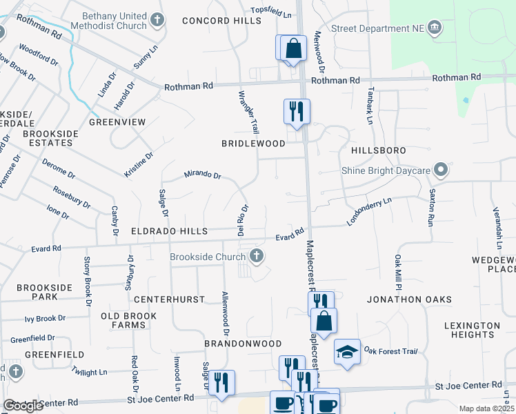 map of restaurants, bars, coffee shops, grocery stores, and more near 6808 Del Rio Drive in Fort Wayne