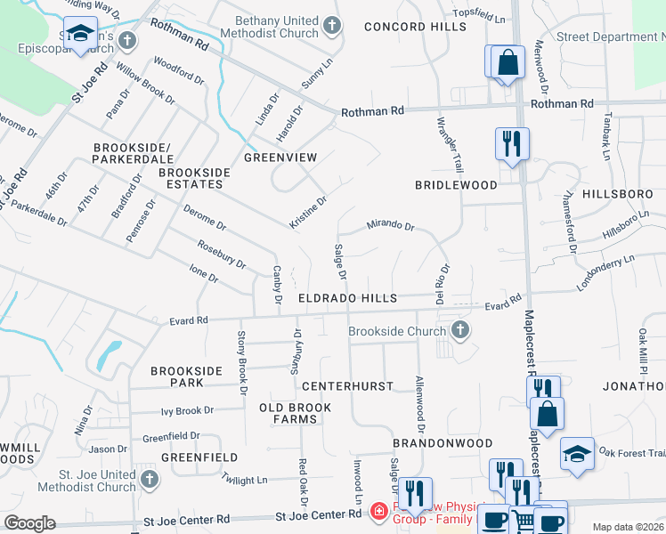 map of restaurants, bars, coffee shops, grocery stores, and more near 6721 Salge Drive in Fort Wayne