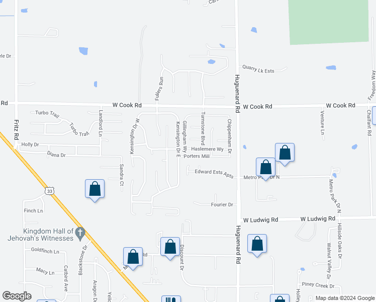 map of restaurants, bars, coffee shops, grocery stores, and more near 7034 Kensington Drive East in Fort Wayne