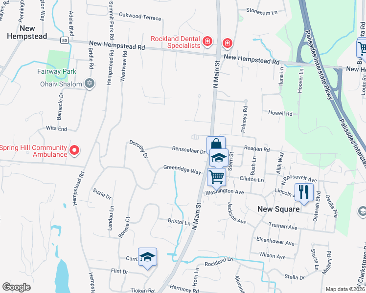 map of restaurants, bars, coffee shops, grocery stores, and more near 11 Rensselaer Drive in Spring Valley