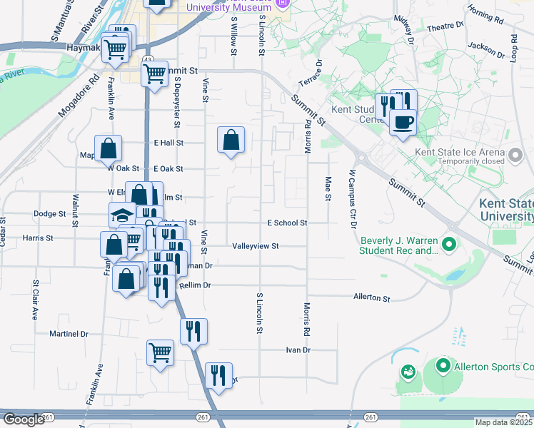 map of restaurants, bars, coffee shops, grocery stores, and more near 1103 South Lincoln Street in Kent