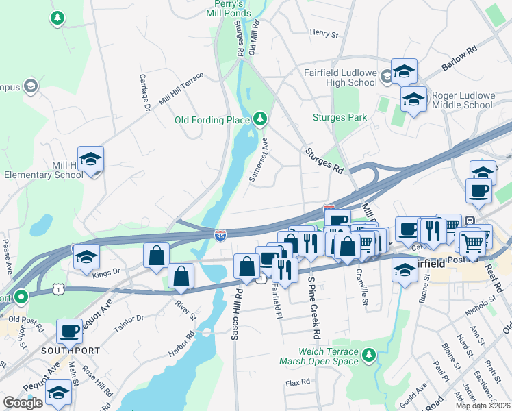 map of restaurants, bars, coffee shops, grocery stores, and more near 160 Henderson Road in Fairfield