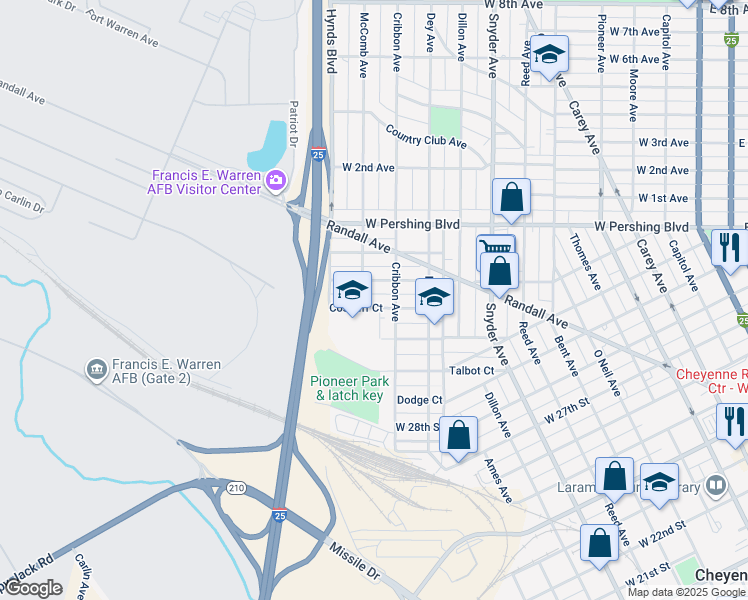 map of restaurants, bars, coffee shops, grocery stores, and more near 1316 Cosgriff Ct in Cheyenne