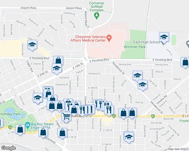map of restaurants, bars, coffee shops, grocery stores, and more near 1847 Crook Avenue in Cheyenne