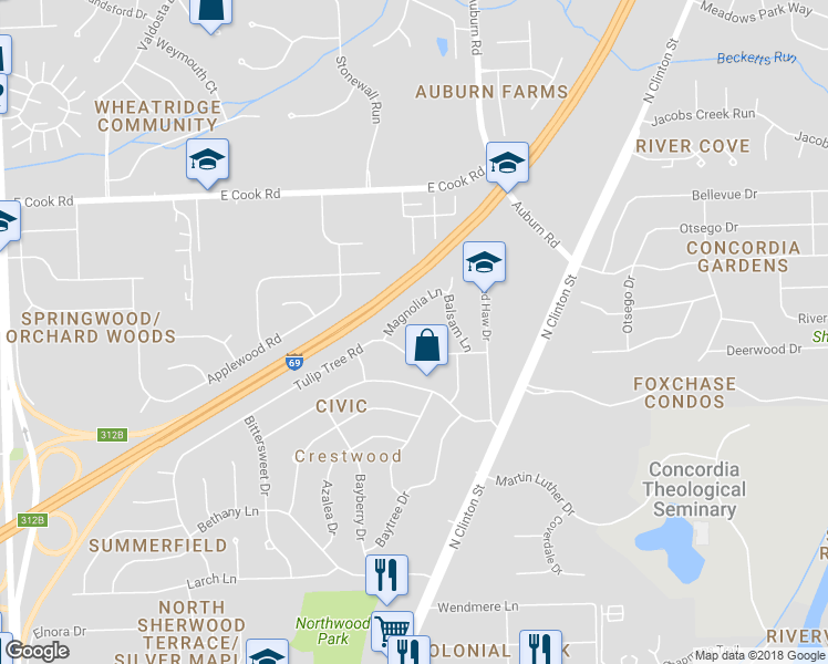 map of restaurants, bars, coffee shops, grocery stores, and more near 6923 Palmetta Court in Fort Wayne