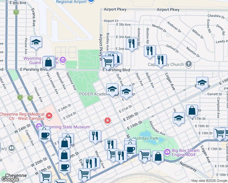 map of restaurants, bars, coffee shops, grocery stores, and more near 1008 East 23rd Street in Cheyenne