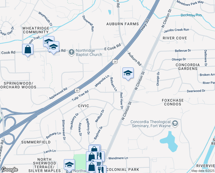 map of restaurants, bars, coffee shops, grocery stores, and more near 6924 Palmetta Court in Fort Wayne