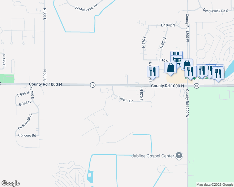 map of restaurants, bars, coffee shops, grocery stores, and more near 5540 E 989 N in De Motte