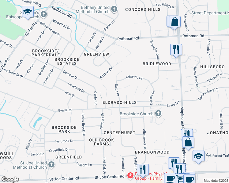 map of restaurants, bars, coffee shops, grocery stores, and more near 6721 Salge Dr in Fort Wayne