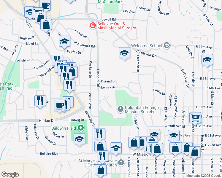 map of restaurants, bars, coffee shops, grocery stores, and more near 907 Lemay Drive in Bellevue