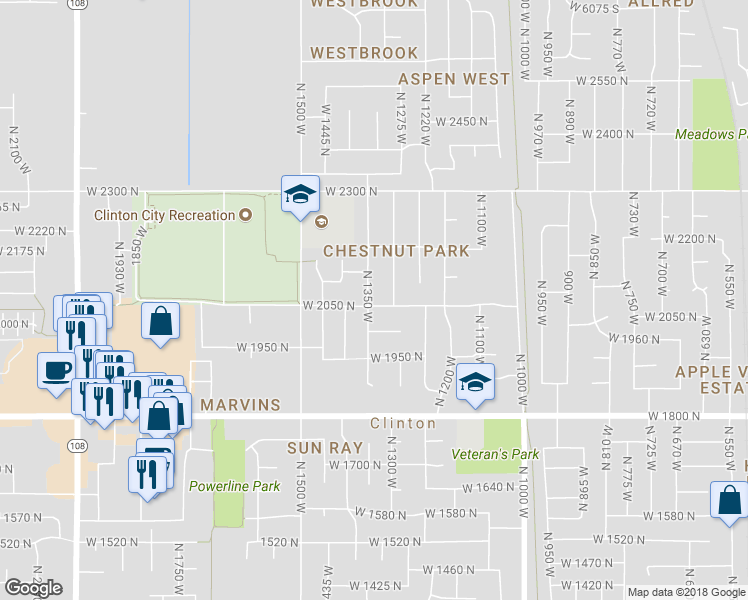map of restaurants, bars, coffee shops, grocery stores, and more near 2056 North 1350 West in Clinton