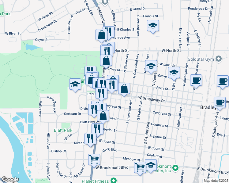 map of restaurants, bars, coffee shops, grocery stores, and more near 953 West Broadway Street in Bradley