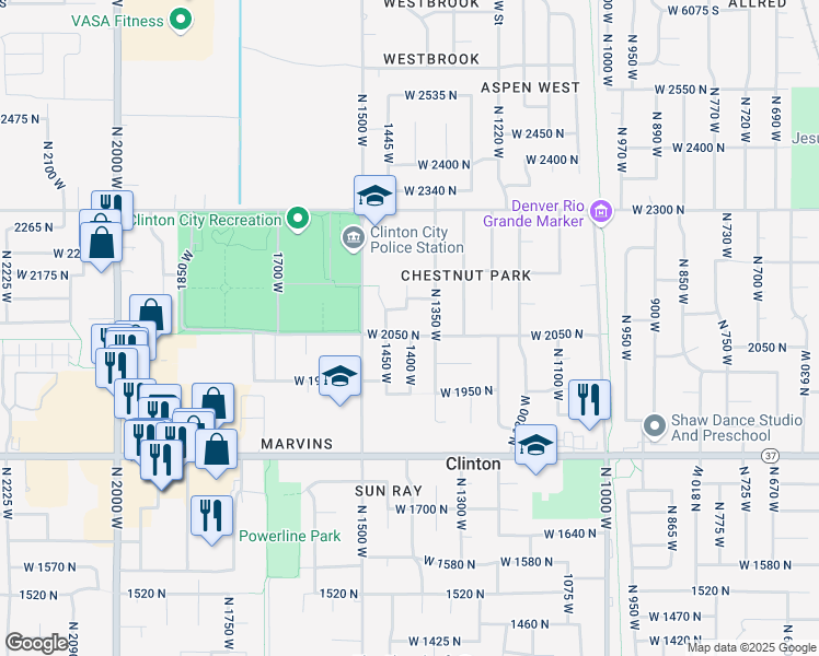 map of restaurants, bars, coffee shops, grocery stores, and more near 1408 West 2050 North in Clinton
