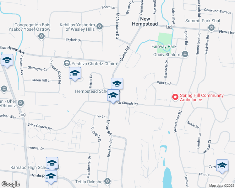 map of restaurants, bars, coffee shops, grocery stores, and more near 80 Brick Church Road in Spring Valley