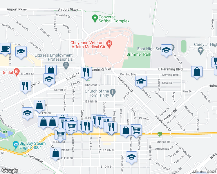map of restaurants, bars, coffee shops, grocery stores, and more near 2539 Chestnut Drive in Cheyenne