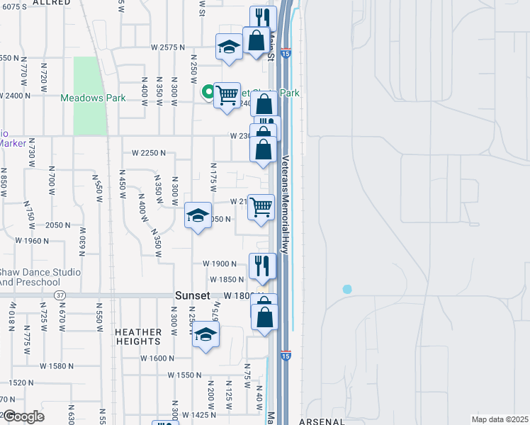 map of restaurants, bars, coffee shops, grocery stores, and more near 2059 North Main Street in Sunset