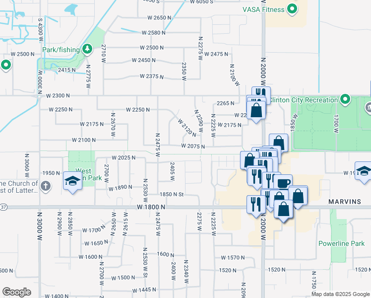 map of restaurants, bars, coffee shops, grocery stores, and more near 2359 West 2075 North in Clinton