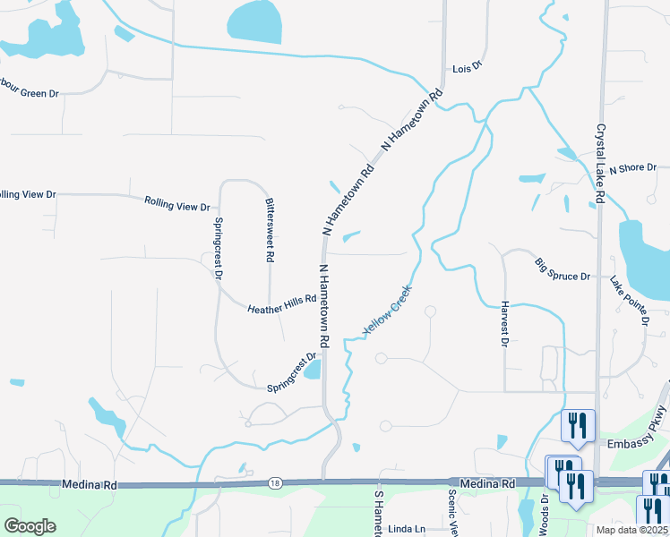 map of restaurants, bars, coffee shops, grocery stores, and more near 299 North Hametown Road in Akron