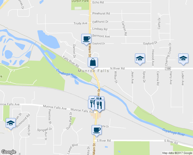 map of restaurants, bars, coffee shops, grocery stores, and more near 154 North Main Street in Munroe Falls