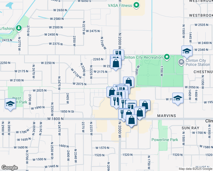 map of restaurants, bars, coffee shops, grocery stores, and more near 2105 West 2075 North in Clinton