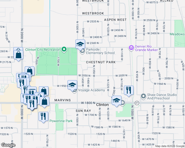 map of restaurants, bars, coffee shops, grocery stores, and more near 1337 West 2050 North in Clinton