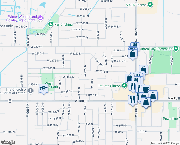 map of restaurants, bars, coffee shops, grocery stores, and more near 2401 West 2075 North in Clearfield
