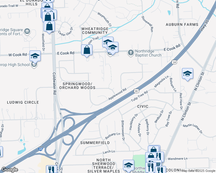 map of restaurants, bars, coffee shops, grocery stores, and more near 935 Cherryblossom Lane in Fort Wayne