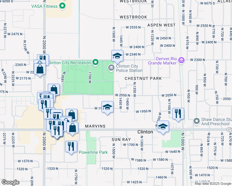 map of restaurants, bars, coffee shops, grocery stores, and more near 2054 North 1500 West in Clinton