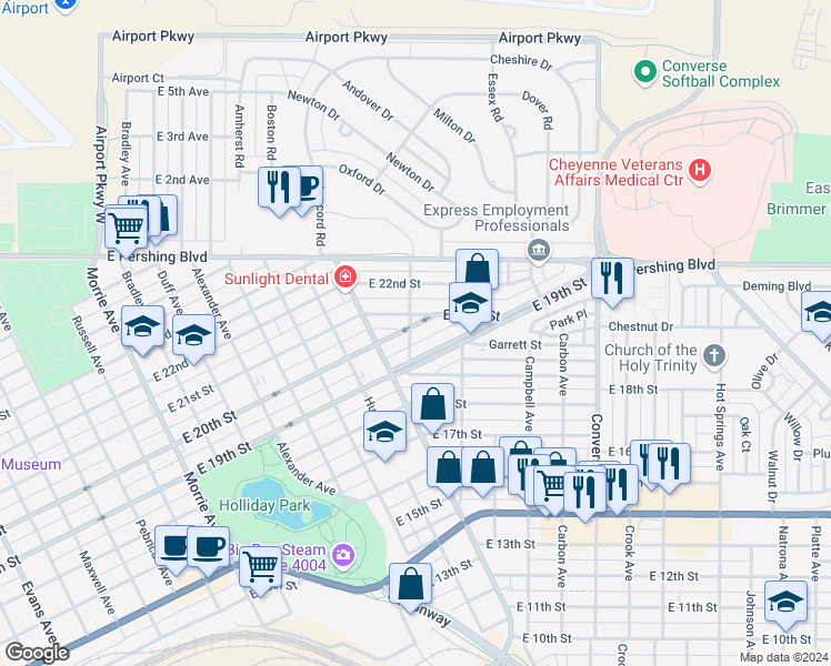 map of restaurants, bars, coffee shops, grocery stores, and more near 1919 Rayor Avenue in Cheyenne